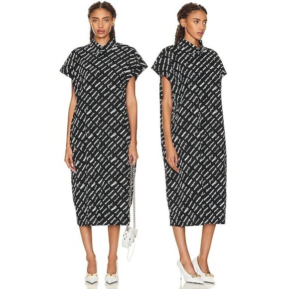 NWT Balenciaga Midi Shirt Dress Black White Logomania Allover Poplin Sz 44 - Picture 1 of 13